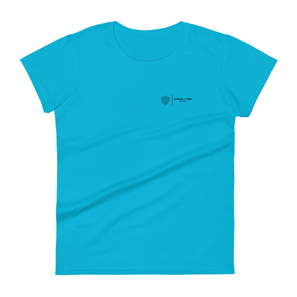 Women's short sleeve tee, various colors. S+F signature shield logo design.