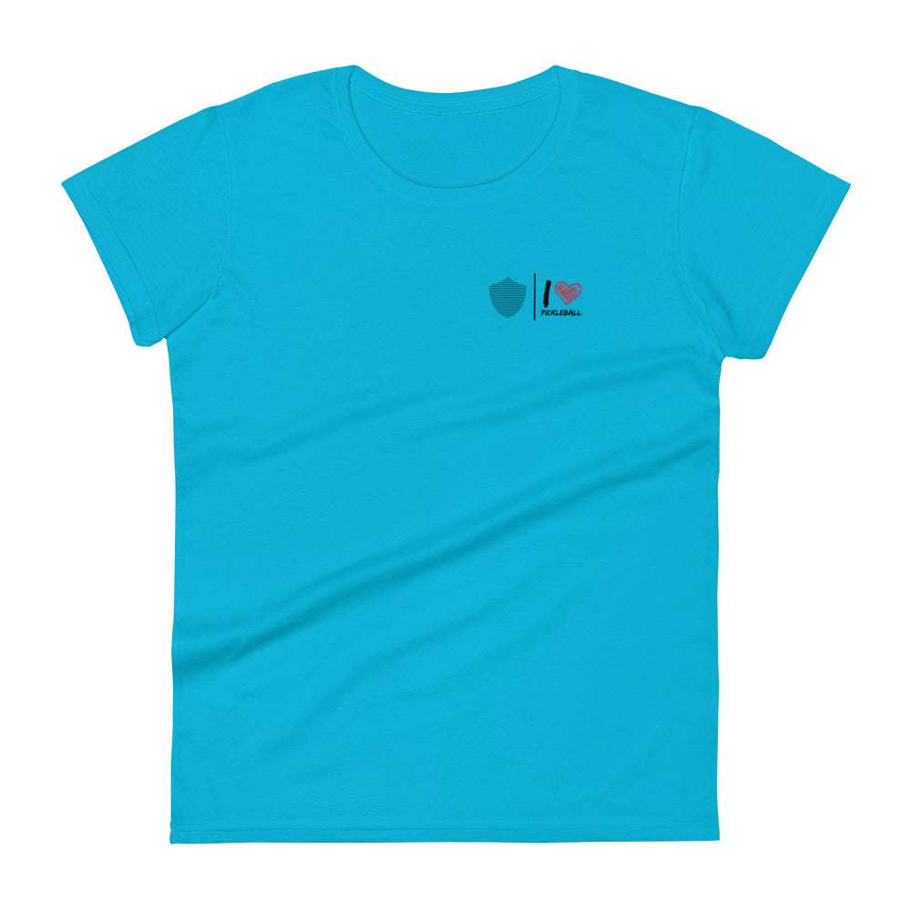 Women's short sleeve t-shirt, various colors. S+F pickleball love logo design.