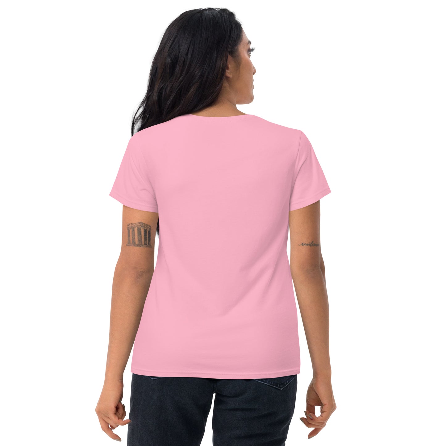 Women's Fitted Short Sleeve T-shirt, White/Grey/Blue/Red/Pink. S+F Square Logo Design.