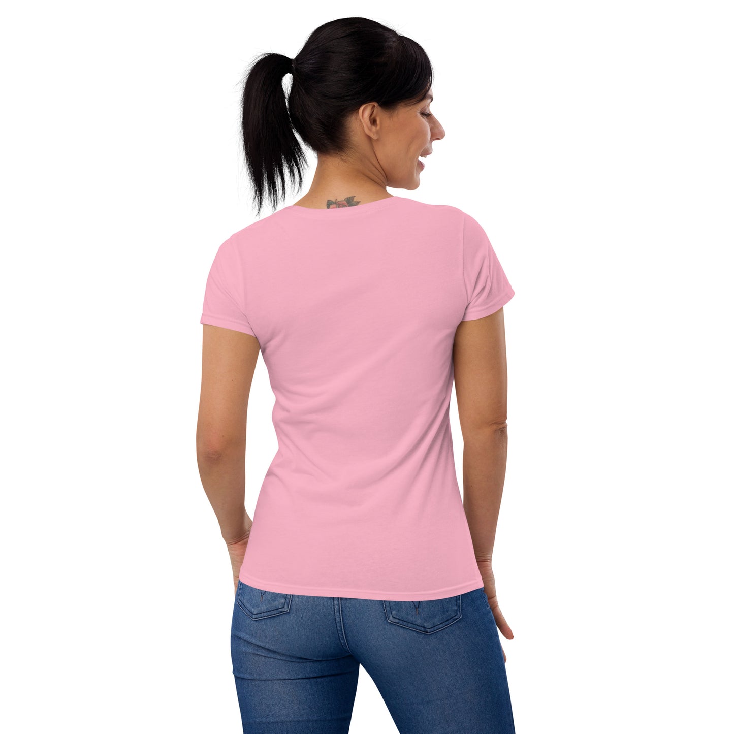 Women's Fitted Short Sleeve T-shirt, White/Red/Pink/Blue/Grey. S+F Black Font Design.