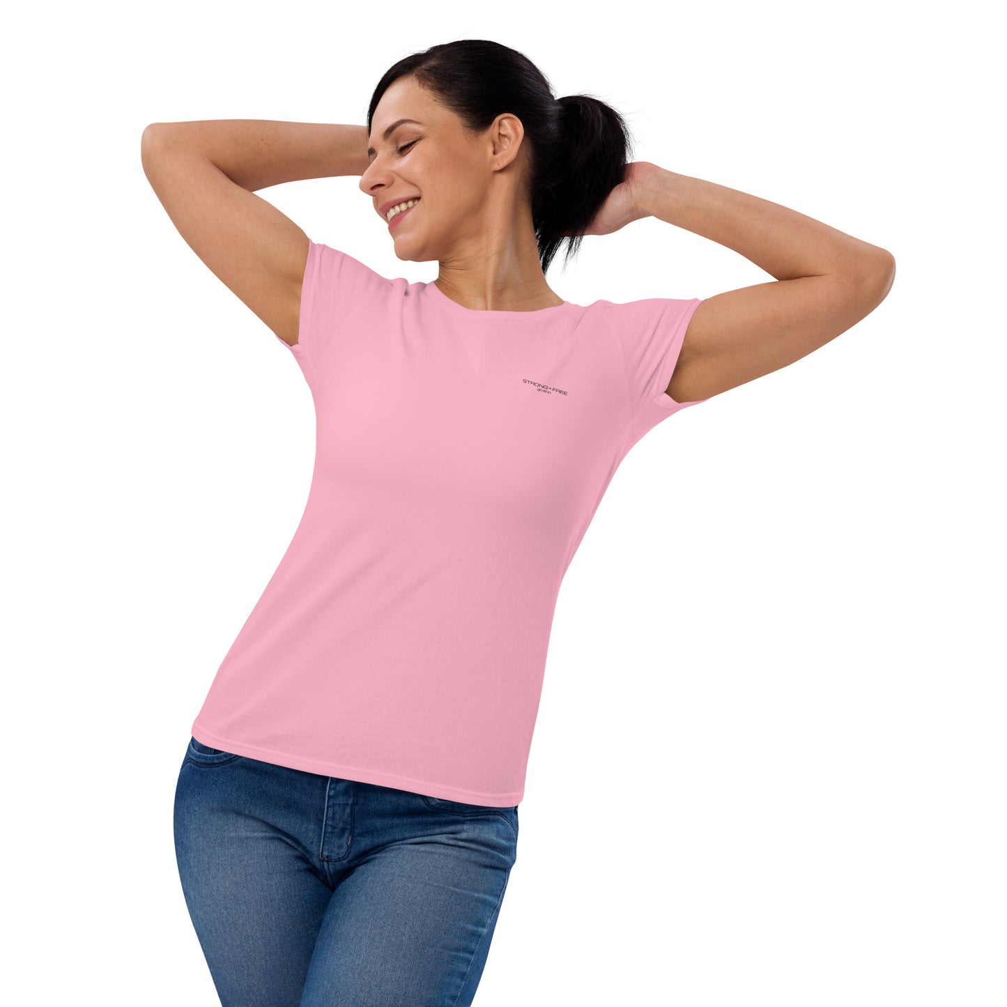 Women's Fitted Short Sleeve T-shirt, White/Red/Pink/Blue/Grey. S+F Black Font Design.