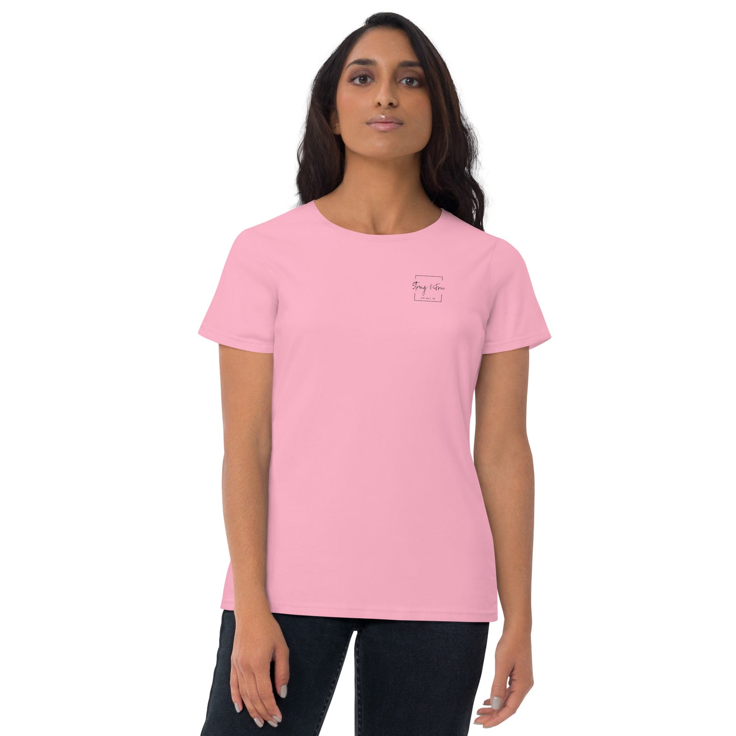 Women's Fitted Short Sleeve T-shirt, White/Grey/Blue/Red/Pink. S+F Square Logo Design.