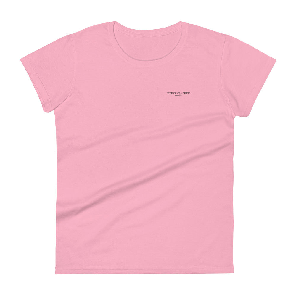 Women's Fitted Short Sleeve T-shirt, White/Red/Pink/Blue/Grey. S+F Black Font Design.