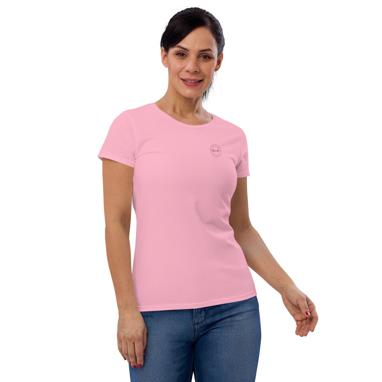 Women's Fitted Short Sleeve T-shirt, White/Red/Pink/Grey/Blue. S+F Black Circle Logo Design.