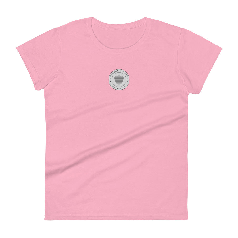 Women's short sleeve tee, various colors. S+F signature shield logo design, reverse grey crest.