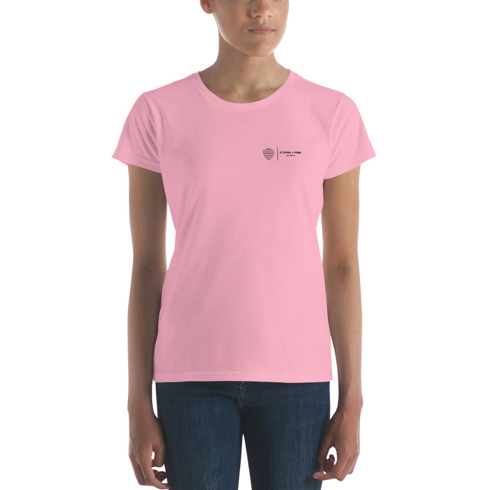 Women's short sleeve tee, various colors. S+F signature shield logo design.