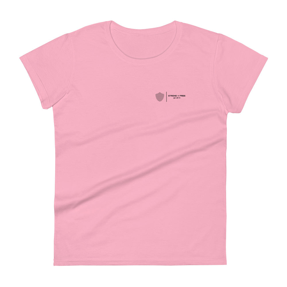 Women's short sleeve tee, various colors. S+F signature shield logo design.