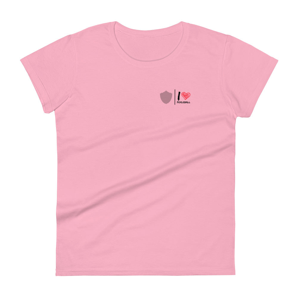 Women's short sleeve t-shirt, various colors. S+F pickleball love logo design.