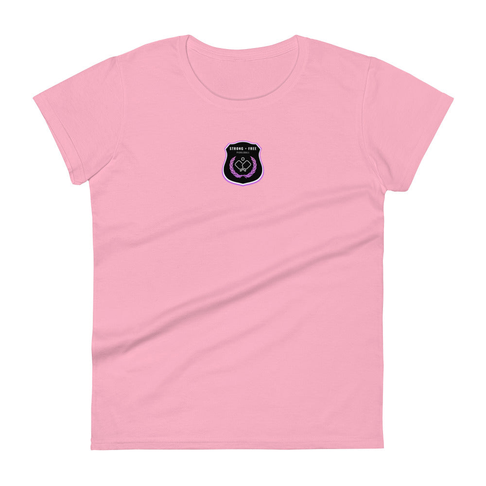 Women's short sleeve t-shirt, various colors. S+F custom pickleball logo design, black crest.