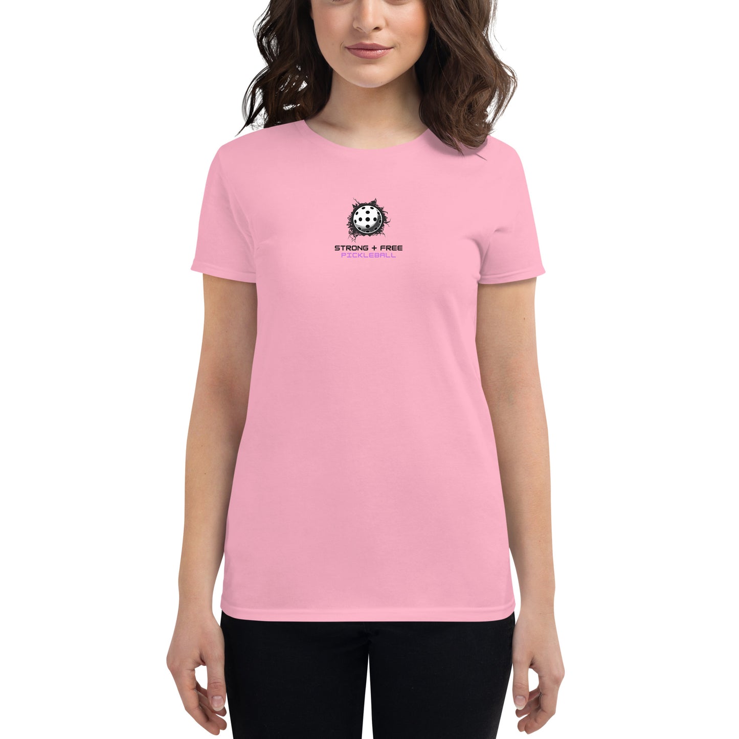 Women's short sleeve t-shirt, various colors. S+F custom pickleball logo design, pickleball III.