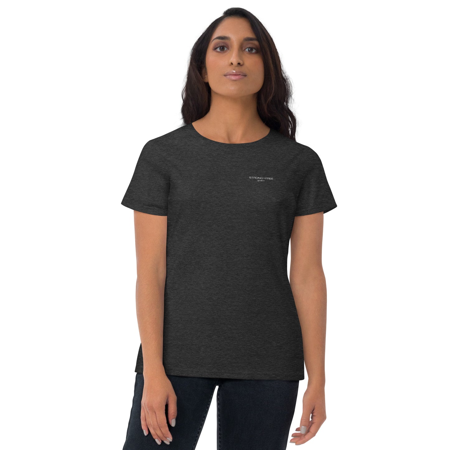 Women's Fitted Short Sleeve T-shirt, Blue/Black/Grey/Red. S+F White Font Logo Design.