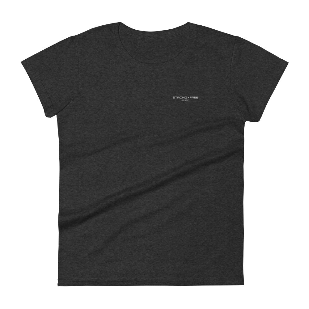 Women's Fitted Short Sleeve T-shirt, Blue/Black/Grey/Red. S+F White Font Logo Design.