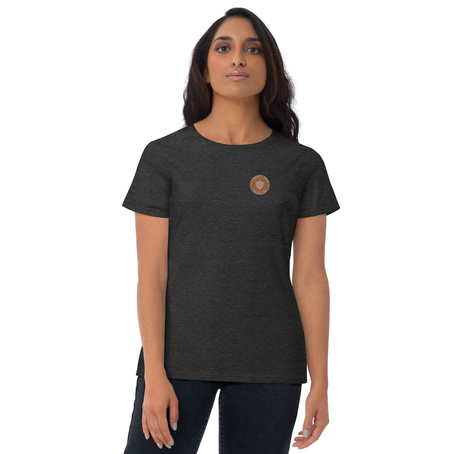 Women's short sleeve tee, various colors. S+F signature shield logo design, reverse brown icon.