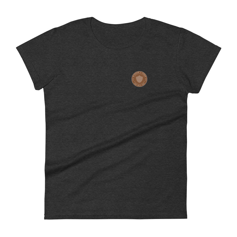 Women's short sleeve tee, various colors. S+F signature shield logo design, reverse brown icon.