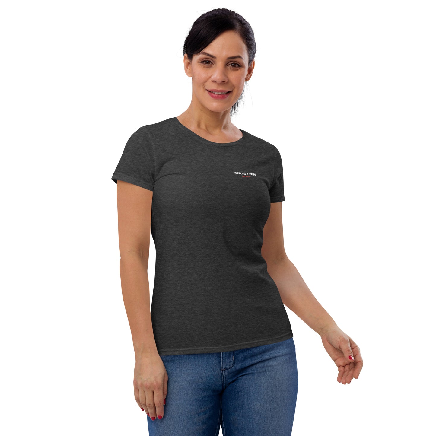 Women's short sleeve tee, various colors. S+F signature wordmark logo design.