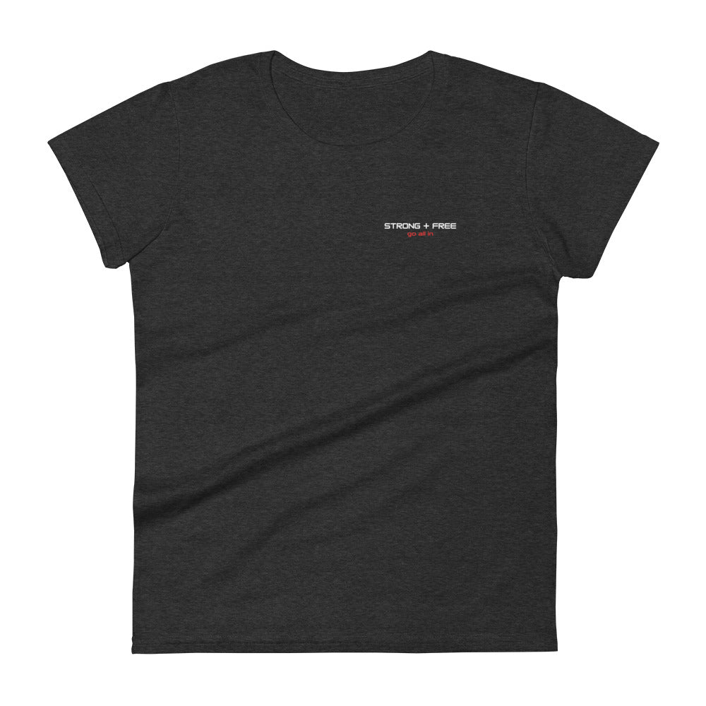 Women's short sleeve tee, various colors. S+F signature wordmark logo design.