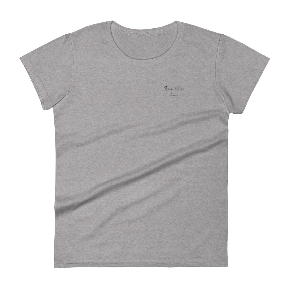 Women's Fitted Short Sleeve T-shirt, White/Grey/Blue/Red/Pink. S+F Square Logo Design.