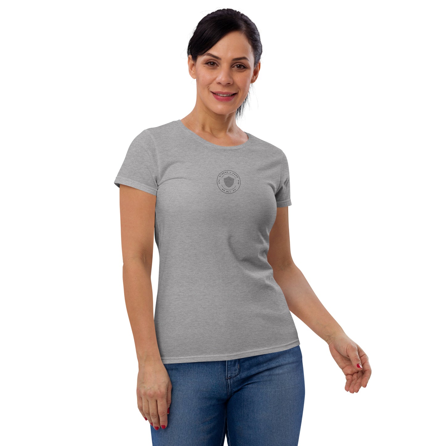 Women's short sleeve tee, various colors. S+F signature shield logo design III.