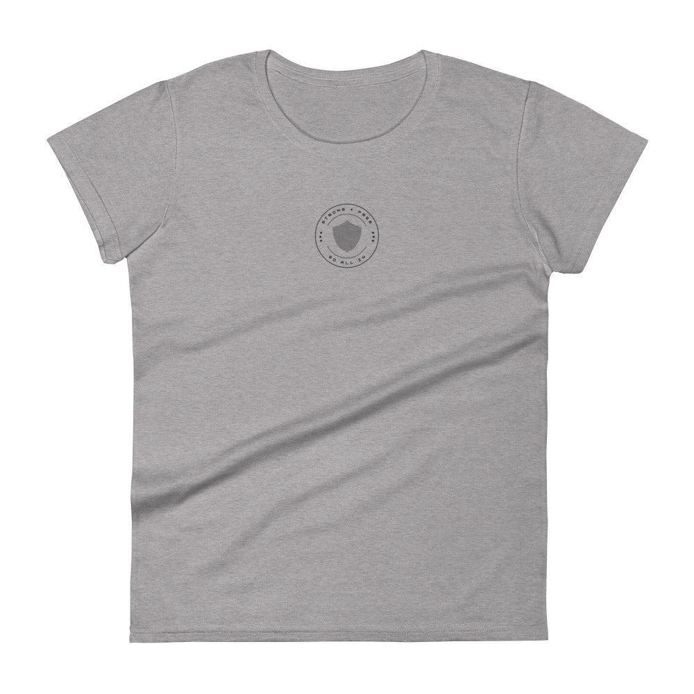 Women's short sleeve tee, various colors. S+F signature shield logo design III.