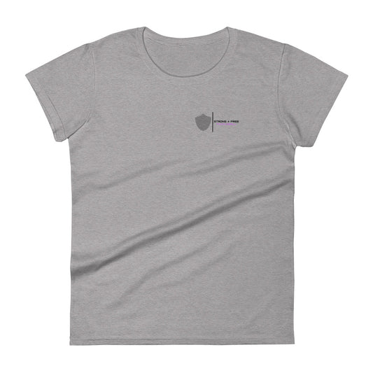 Women's short sleeve t-shirt, white/grey colors. S+F signature shield logo design II.