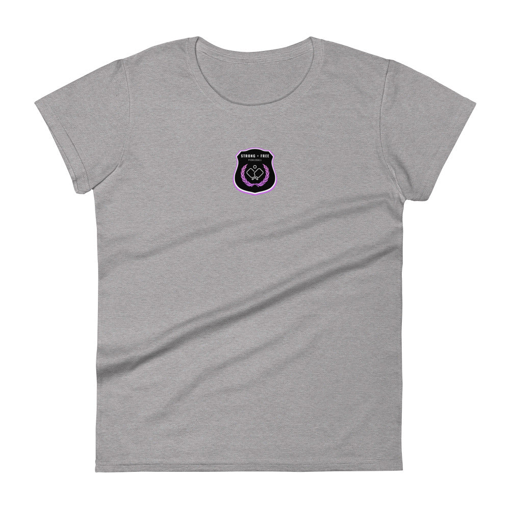 Women's short sleeve t-shirt, various colors. S+F custom pickleball logo design, black crest.