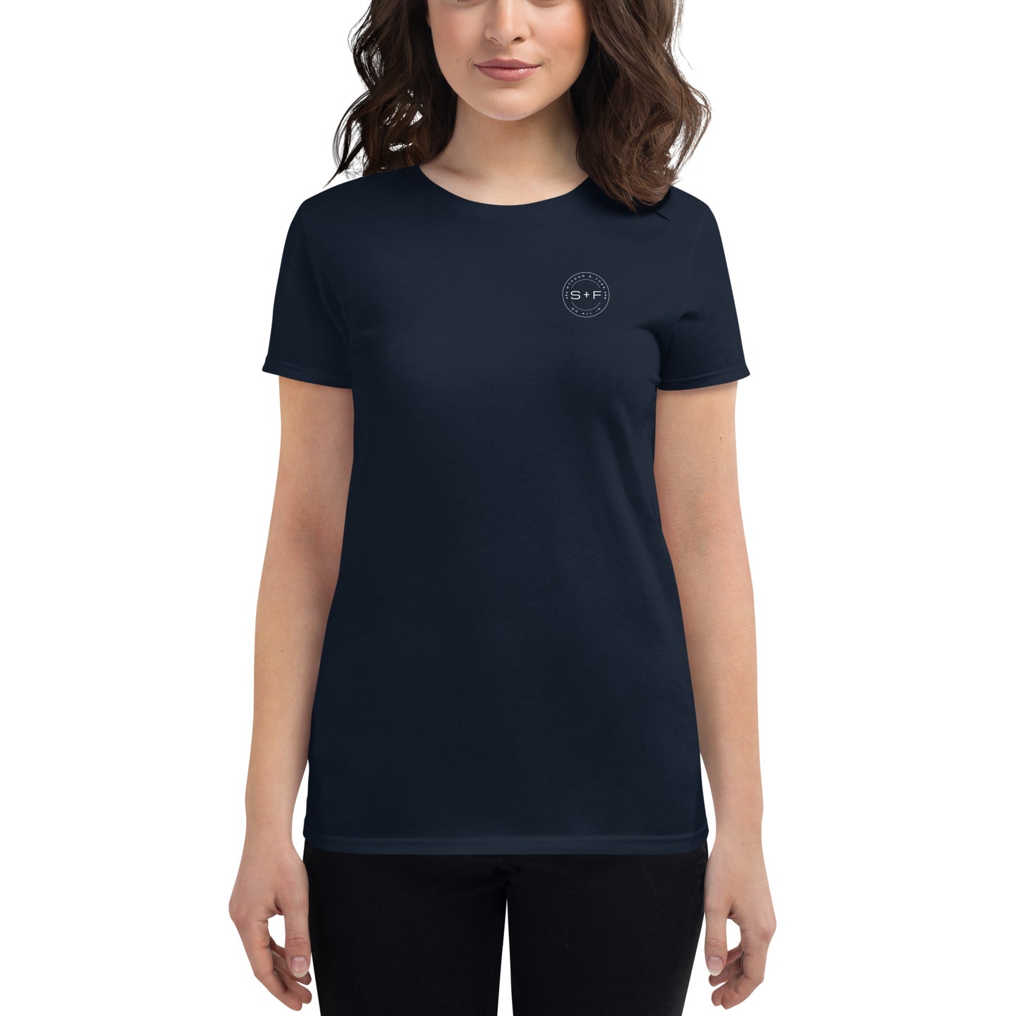 Women's Fitted Short Sleeve T-shirt, Red/Black/Grey/Blue. S+F White Circle Logo Design.