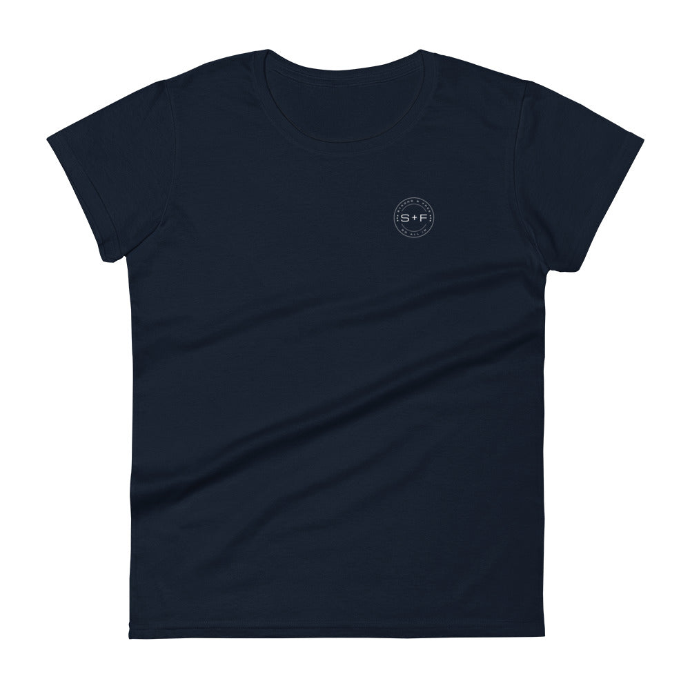Women's Fitted Short Sleeve T-shirt, Red/Black/Grey/Blue. S+F White Circle Logo Design.