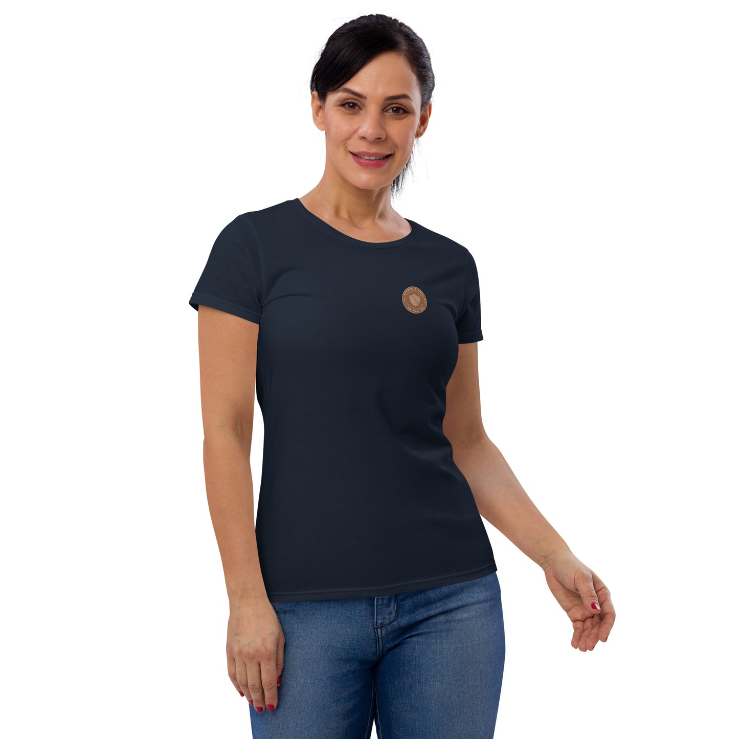 Women's short sleeve tee, various colors. S+F signature shield logo design, reverse brown icon.