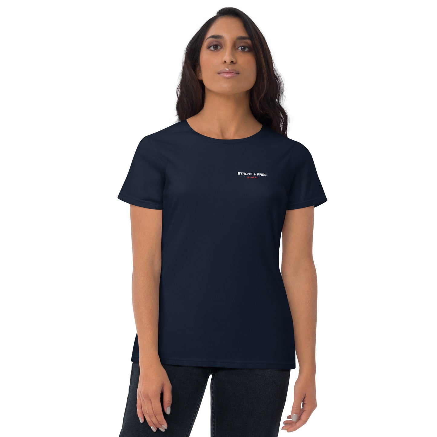 Women's short sleeve tee, various colors. S+F signature wordmark logo design.