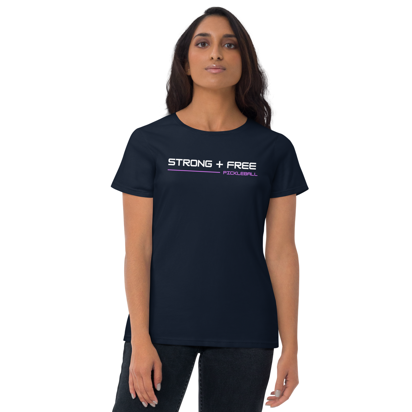 Women's short sleeve t-shirt, black/navy/grey colors. S+F signature wordmark logo design.