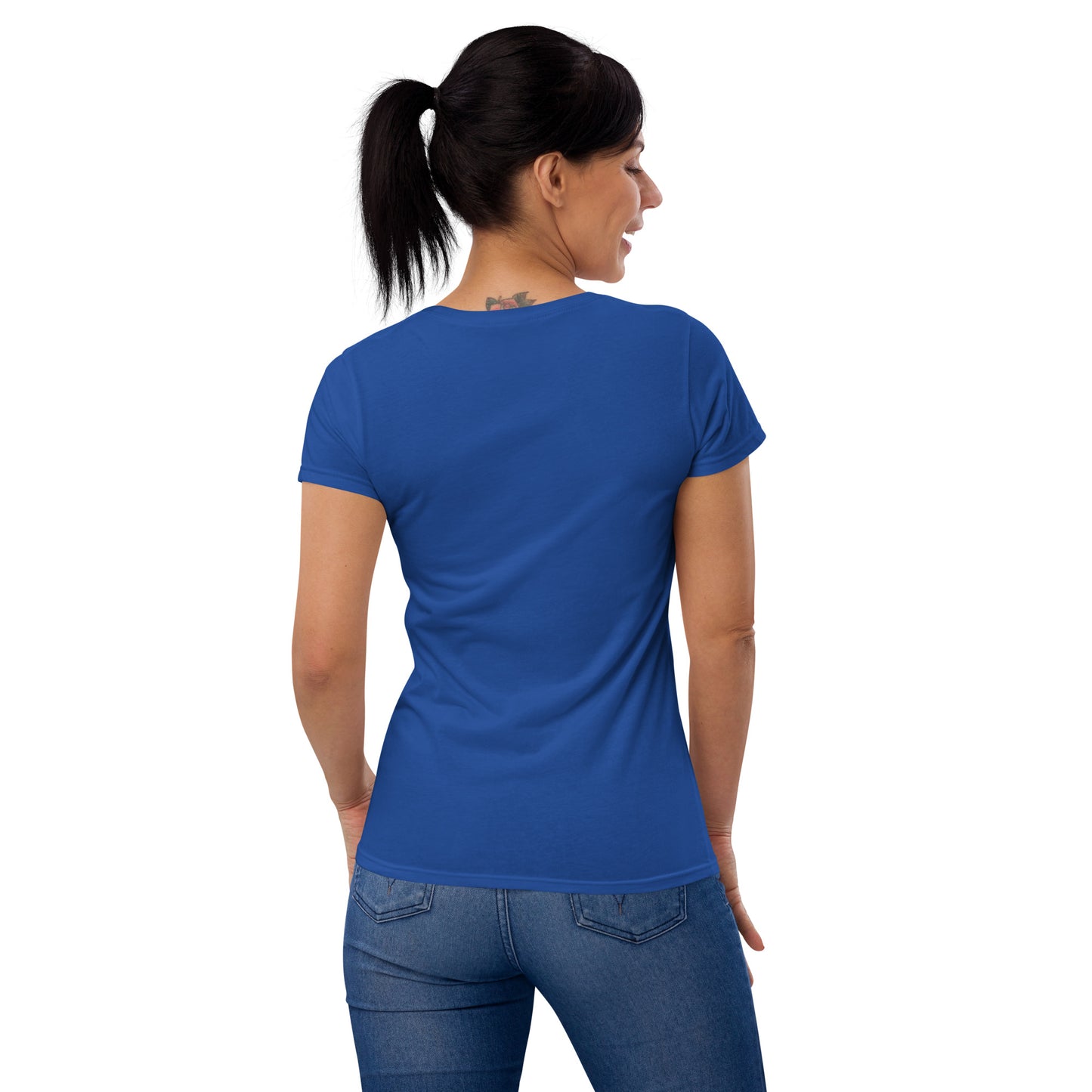 Women's Fitted Short Sleeve T-shirt, Red/Black/Grey/Blue. S+F White Circle Logo Design.