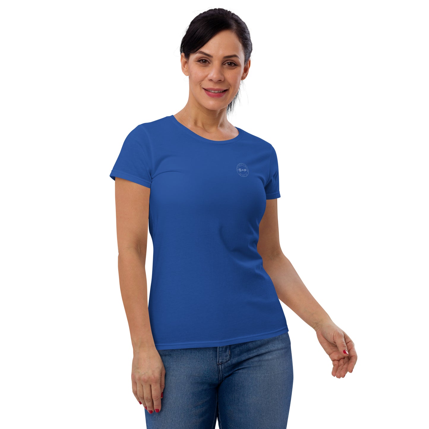 Women's Fitted Short Sleeve T-shirt, Red/Black/Grey/Blue. S+F White Circle Logo Design.