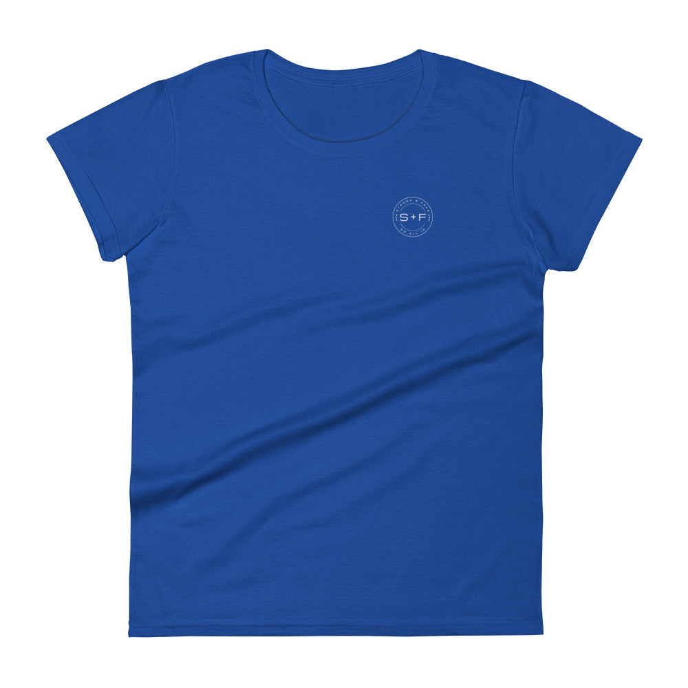 Women's Fitted Short Sleeve T-shirt, Red/Black/Grey/Blue. S+F White Circle Logo Design.