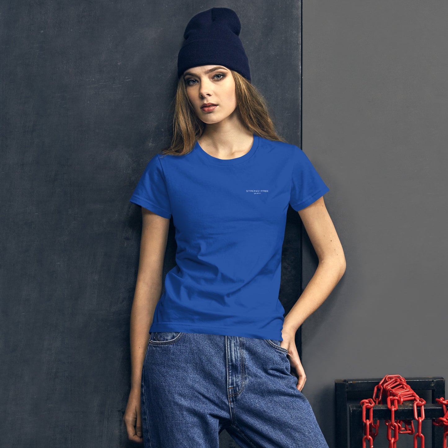 Women's Fitted Short Sleeve T-shirt, Blue/Black/Grey/Red. S+F White Font Logo Design.