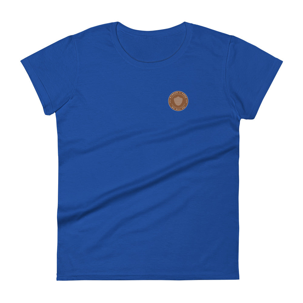 Women's short sleeve tee, various colors. S+F signature shield logo design, reverse brown icon.