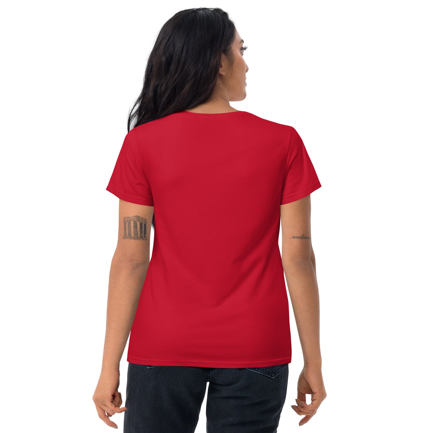 Women's Fitted Short Sleeve T-shirt, Red/Black/Grey/Blue. S+F White Circle Logo Design.