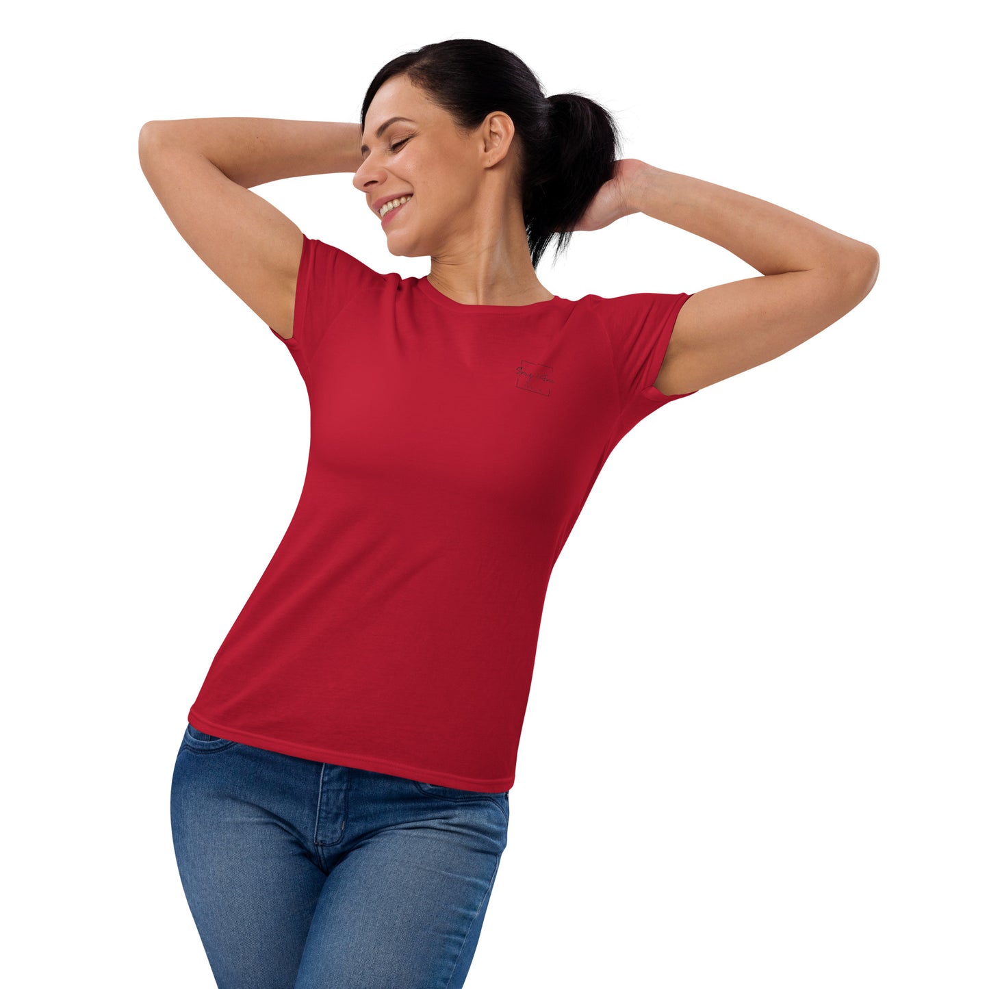 Women's Fitted Short Sleeve T-shirt, White/Grey/Blue/Red/Pink. S+F Square Logo Design.