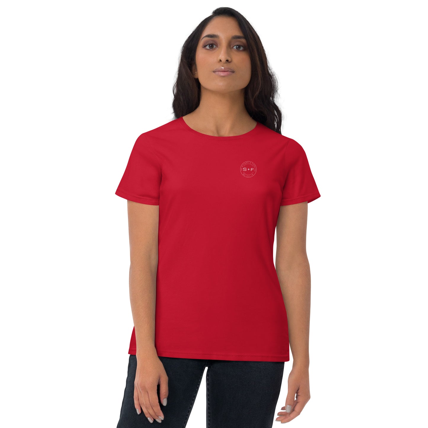 Women's Fitted Short Sleeve T-shirt, Red/Black/Grey/Blue. S+F White Circle Logo Design.