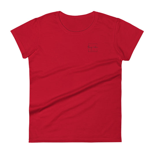 Women's Fitted Short Sleeve T-shirt, White/Grey/Blue/Red/Pink. S+F Square Logo Design.