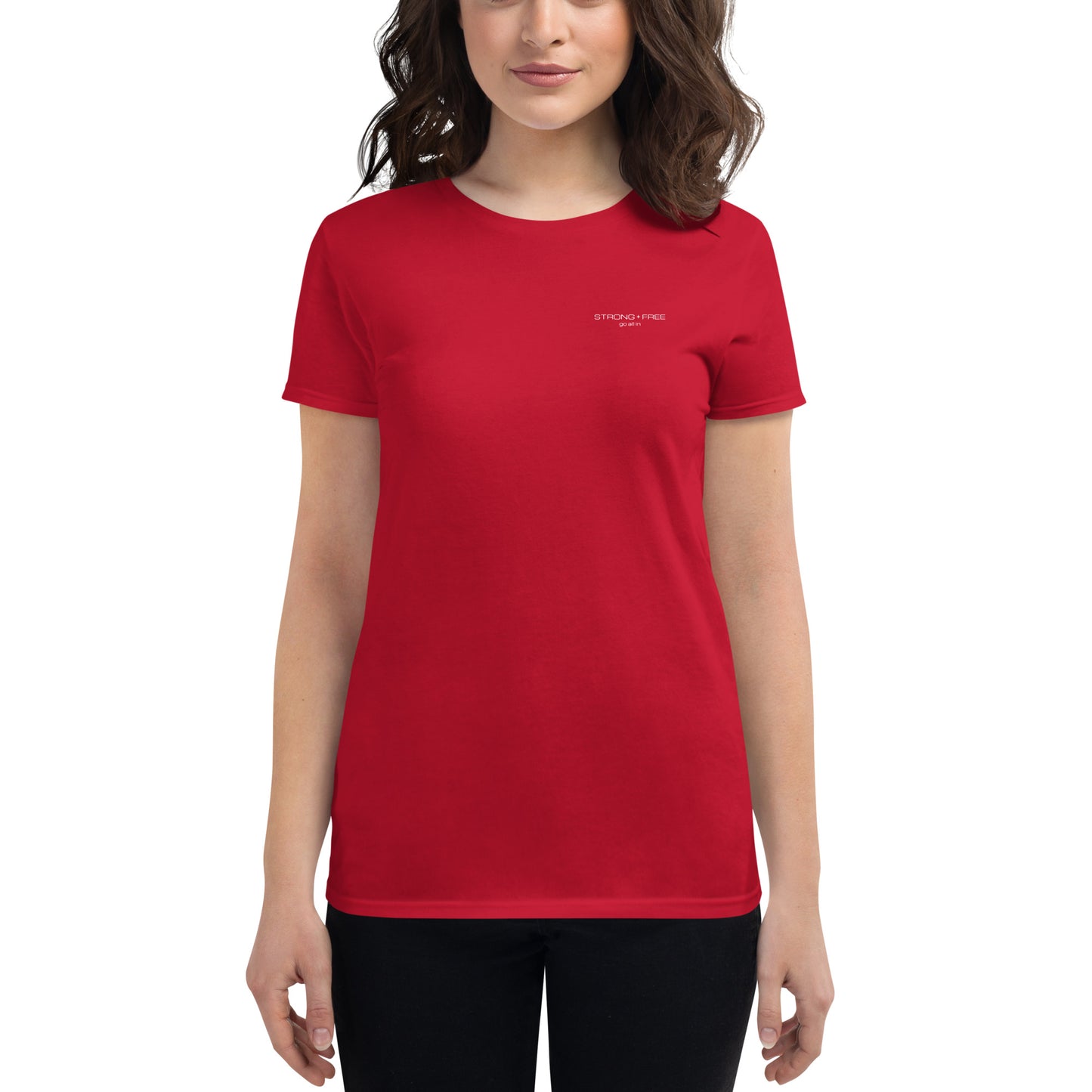 Women's Fitted Short Sleeve T-shirt, Blue/Black/Grey/Red. S+F White Font Logo Design.