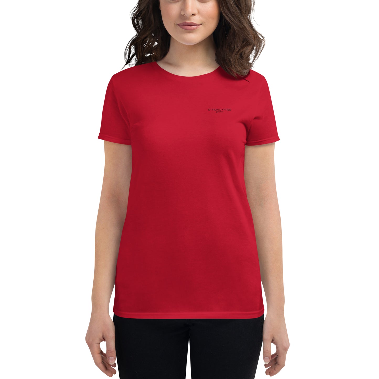 Women's Fitted Short Sleeve T-shirt, White/Red/Pink/Blue/Grey. S+F Black Font Design.