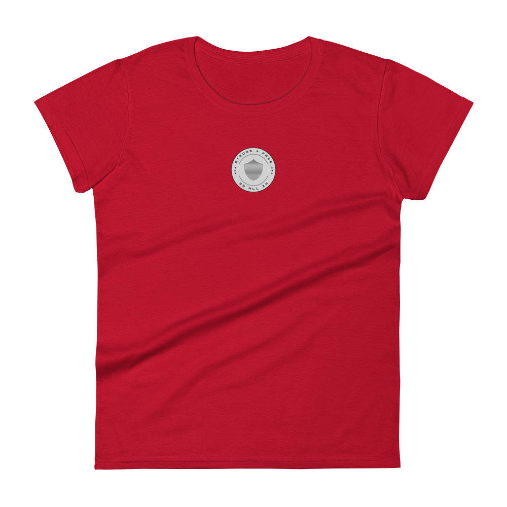 Women's short sleeve tee, various colors. S+F signature shield logo design, reverse grey crest.