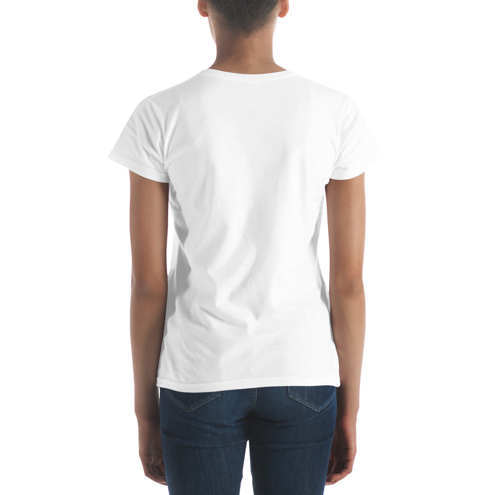 Women's Fitted Short Sleeve T-shirt, White. S+F Shield Logo Design.