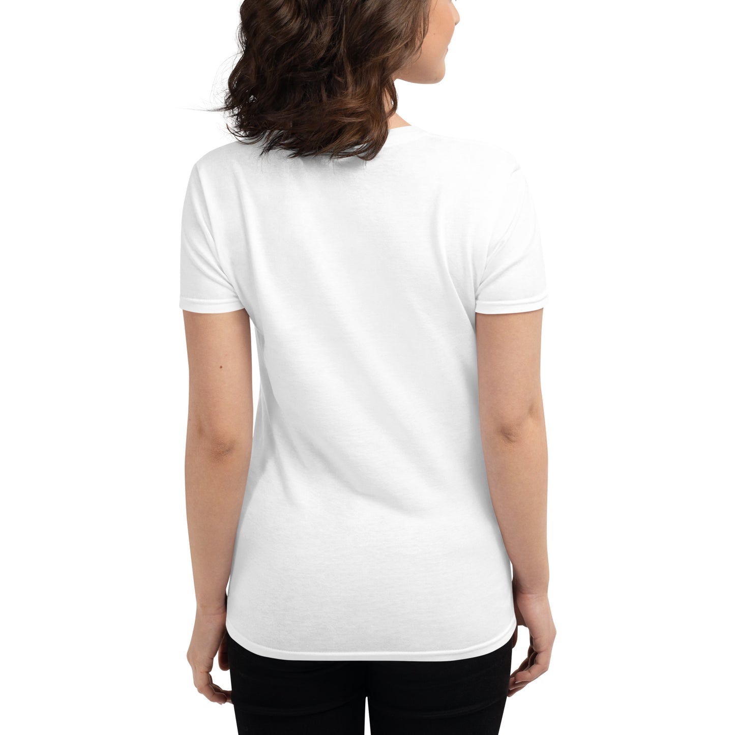 Women's short sleeve tee, white. S+F signature wordmark logo design.