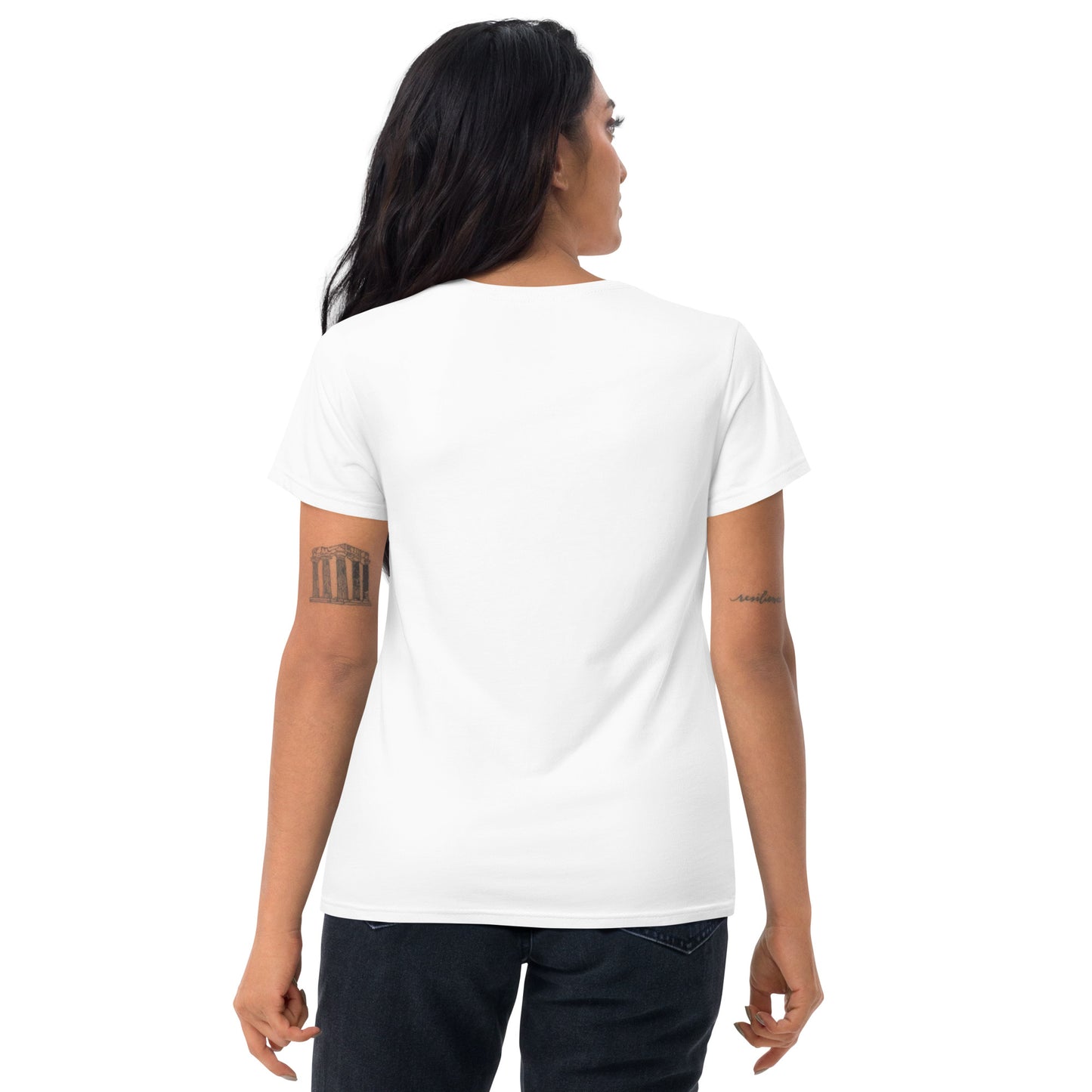 Women's short sleeve tee, white. S+F signature shield logo design II.