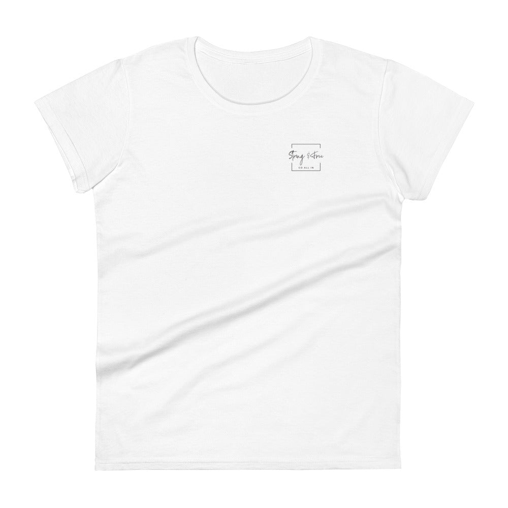 Women's Fitted Short Sleeve T-shirt, White/Grey/Blue/Red/Pink. S+F Square Logo Design.