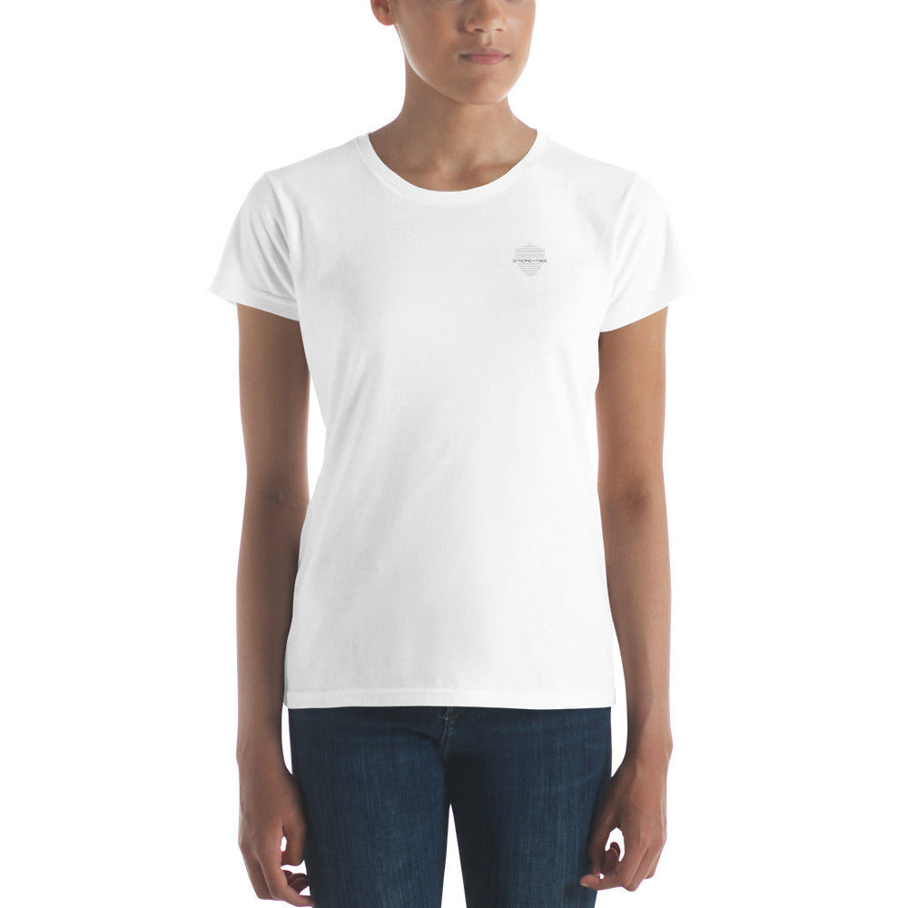 Women's Fitted Short Sleeve T-shirt, White. S+F Shield Logo Design.