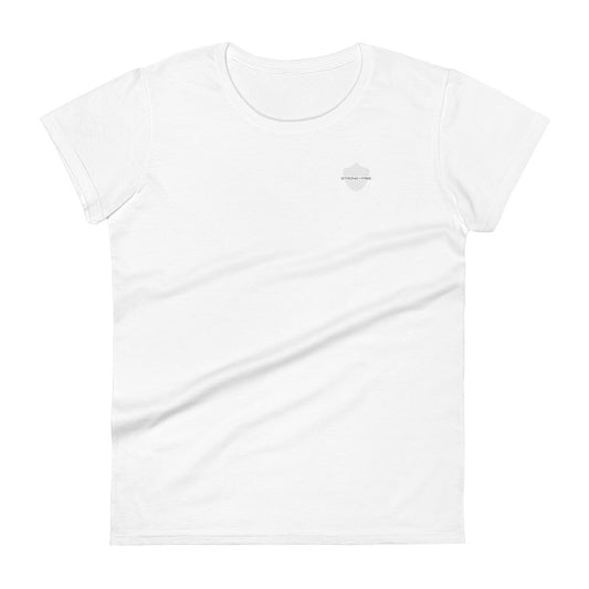 Women's Fitted Short Sleeve T-shirt, White. S+F Shield Logo Design.