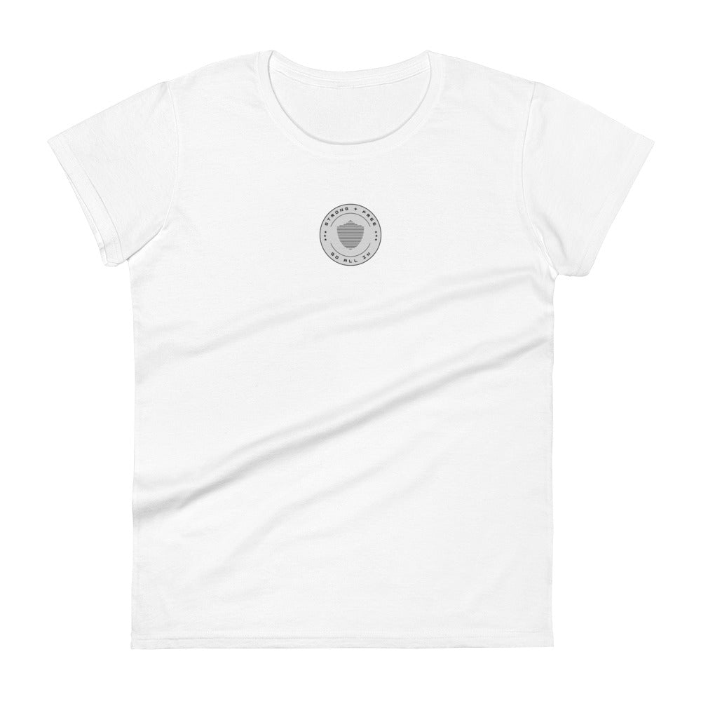 Women's short sleeve tee, various colors. S+F signature shield logo design, reverse grey crest.