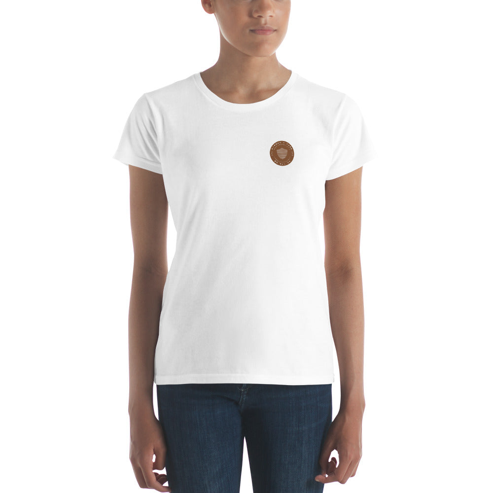 Women's short sleeve tee, various colors. S+F signature shield logo design, reverse brown icon.